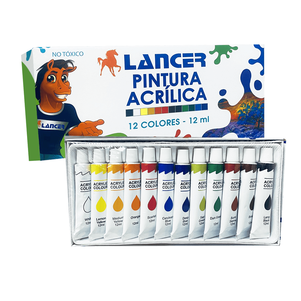 Pinturas acrílicas 12ml colores varios Lancer caja por 12 unidades – Lancer
